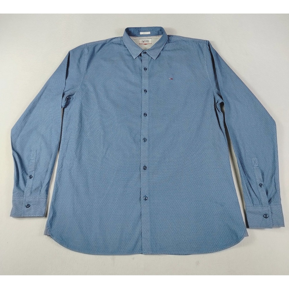 Hilfiger Denim Button Down Shirt‎ Mens Large Blue Slim Fit Geometric Workwear